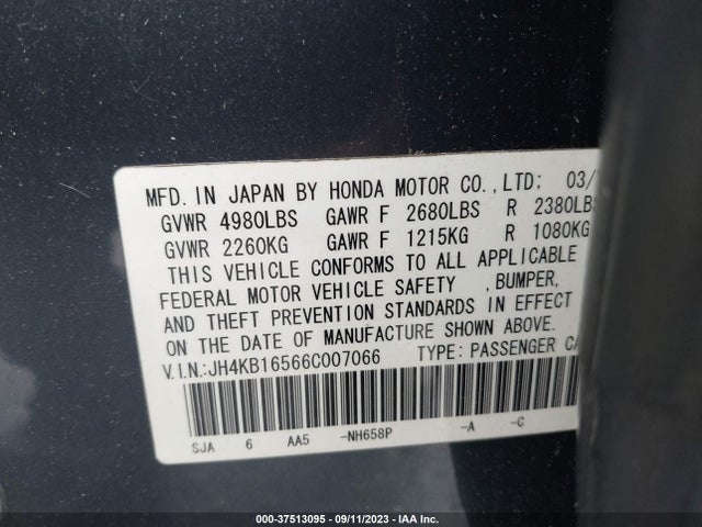 2006 ACURA RL VIN: JH4KB16566C007066