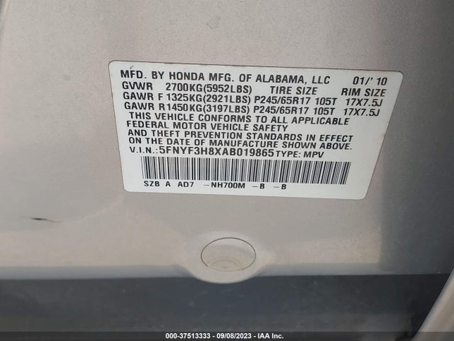 2010 HONDA PILOT TOURING VIN: 5FNYF3H8XAB019865