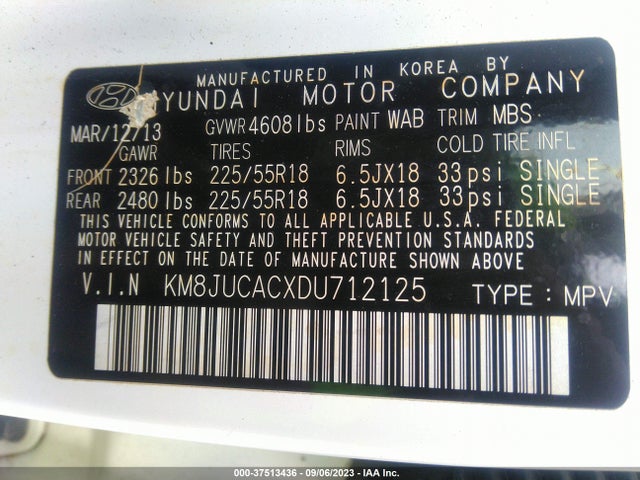 2013 HYUNDAI TUCSON LIMITED VIN: KM8JUCACXDU712125