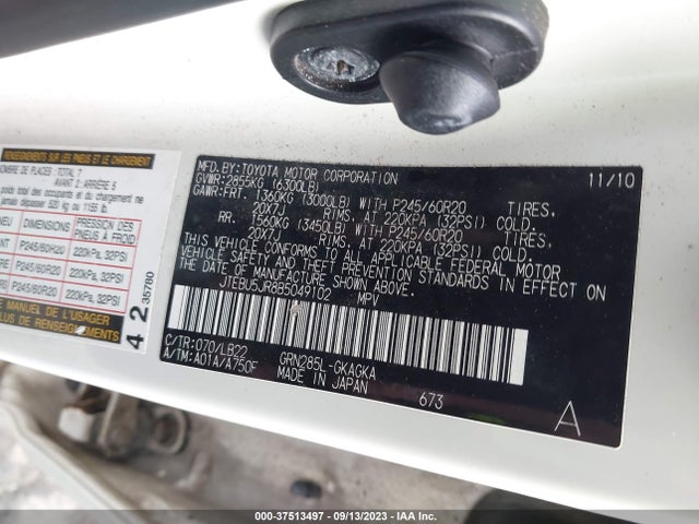 2011 TOYOTA 4RUNNER TRAIL/SR5/LIMITED VIN: JTEBU5JR8B5049102