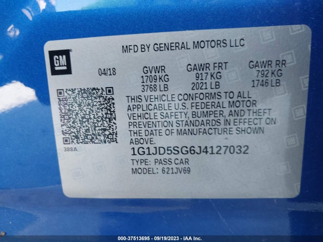 Chevrolet SONIC LT 2018 1G1JD5SG6J4127032 Image 9