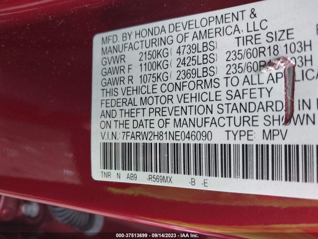 2022 HONDA CR-V EX-L VIN: 7FARW2H81NE046090