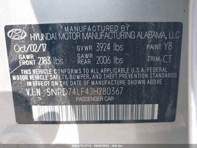 2018 HYUNDAI ELANTRA SE VIN: 5NPD74LF4JH280367