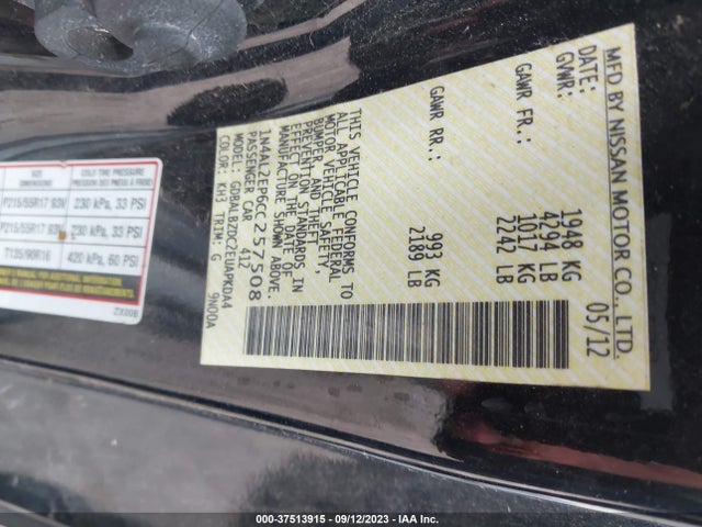 2012 NISSAN ALTIMA 2.5 S VIN: 1N4AL2EP6CC257508