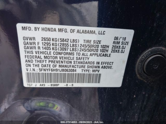 5FNYF6H91JB063084 Honda Pilot Touring