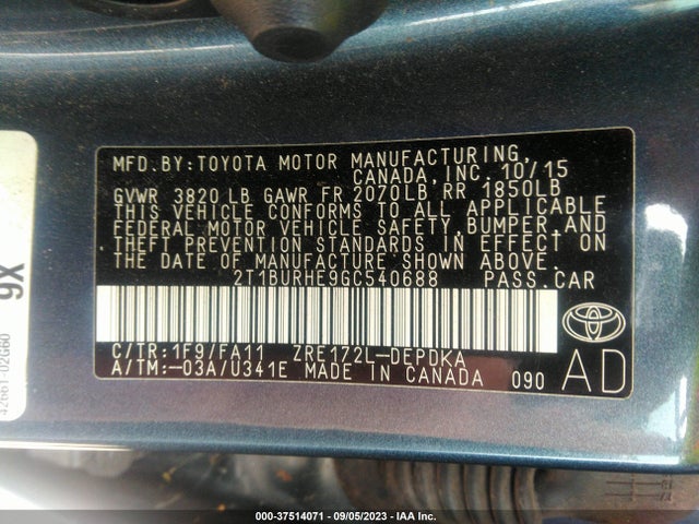 2016 TOYOTA COROLLA L/LE/S/S PLUS/LE PLUS VIN: 2T1BURHE9GC540688