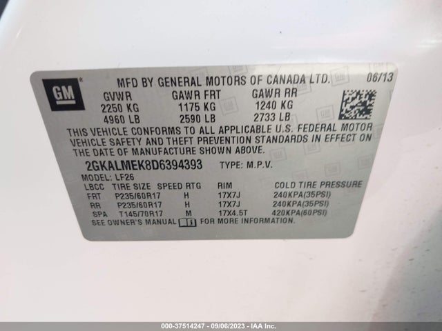 2013 GMC TERRAIN SLE VIN: 2GKALMEK8D6394393