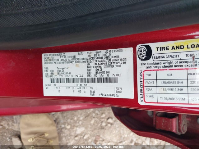 2015 FORD FIESTA SE VIN: 3FADP4BJ2FM126219