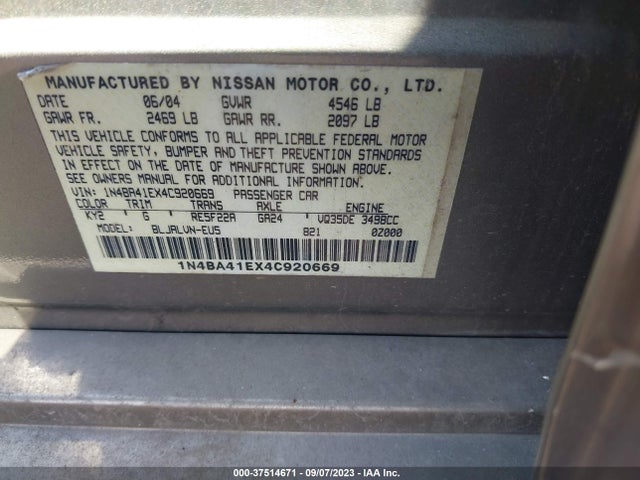 2004 NISSAN MAXIMA SE VIN: 1N4BA41EX4C920669