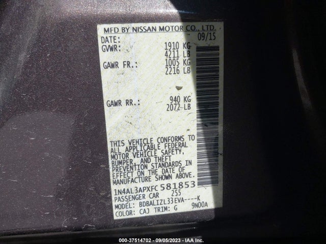 2015 NISSAN ALTIMA 2.5 SV VIN: 1N4AL3APXFC581853