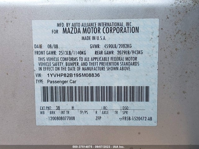 2009 MAZDA MAZDA6 S TOURING VIN: 1YVHP82B195M08836