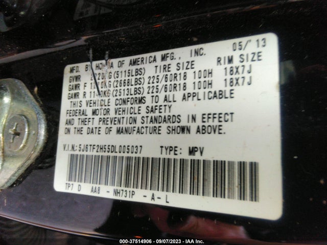 2013 HONDA CROSSTOUR EX-L VIN: 5J6TF2H55DL005037