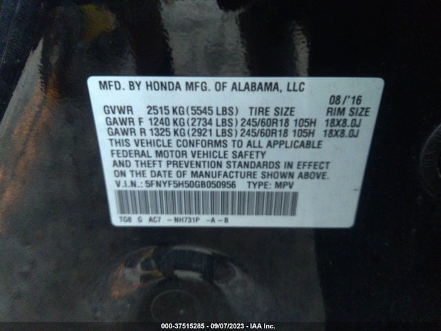 Honda Pilot Ex-l 2016 5FNYF5H50GB050956 Image 9
