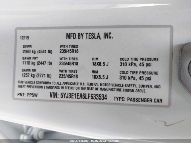 5YJ3E1EA6LF633534 Tesla Model 3 Standard Range