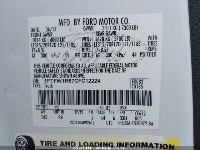 2012 FORD F-150 SVT RAPTOR VIN: 1FTFW1R67CFC12224