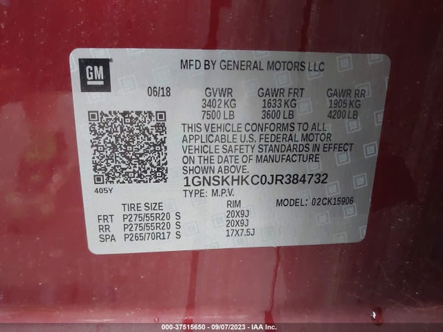 37515650 :رقم المزاد ، 1GNSKHKC0JR384732 vin ، 2018 Chevrolet Suburban Lt مزاد بيع