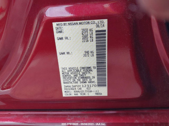 2015 NISSAN ALTIMA 2.5 S VIN: 1N4AL3AP5FC123170