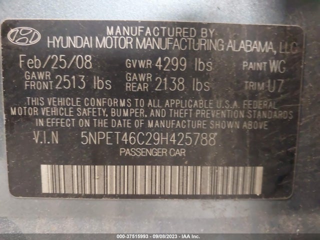 2009 HYUNDAI SONATA GLS VIN: 5NPET46C29H425788