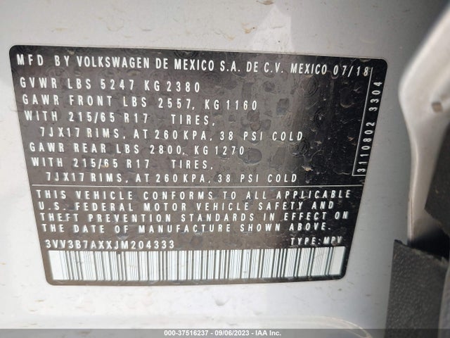 3VV3B7AXXJM204333 Volkswagen Tiguan Sel/se