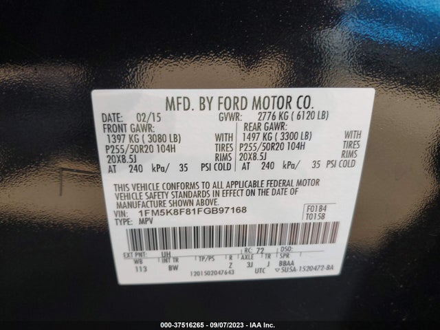 Ford Explorer Limited 2015 1FM5K8F81FGB97168 Image 9