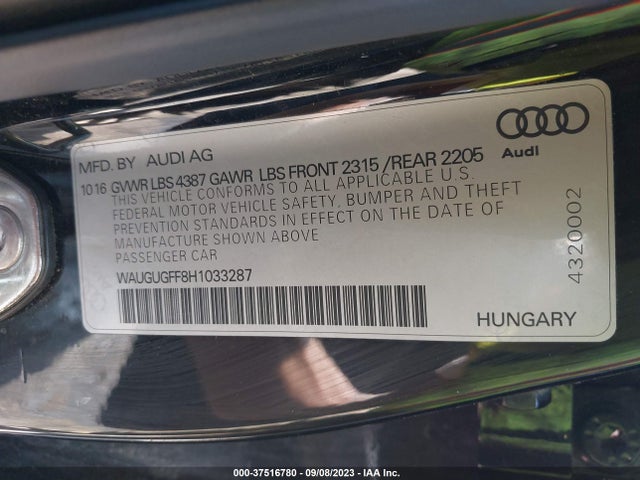 WAUGUGFF8H1033287 Audi A3 Sedan Premium Plus
