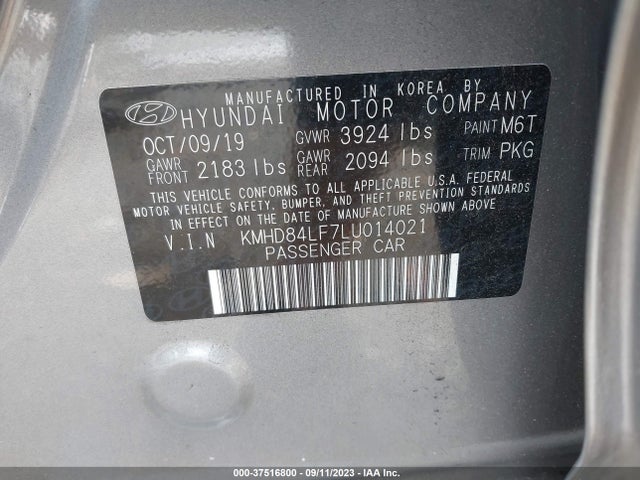 2020 HYUNDAI ELANTRA SEL VIN: KMHD84LF7LU014021