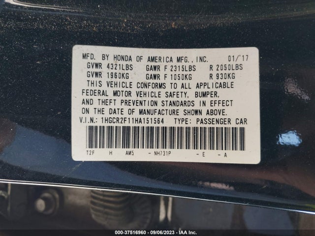 2017 HONDA ACCORD SEDAN SPORT SE VIN: 1HGCR2F11HA151564