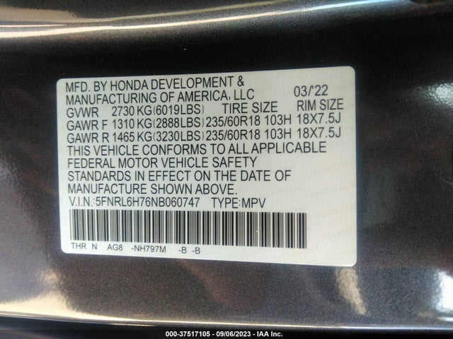 2022 HONDA ODYSSEY EXL VIN: 5FNRL6H76NB060747