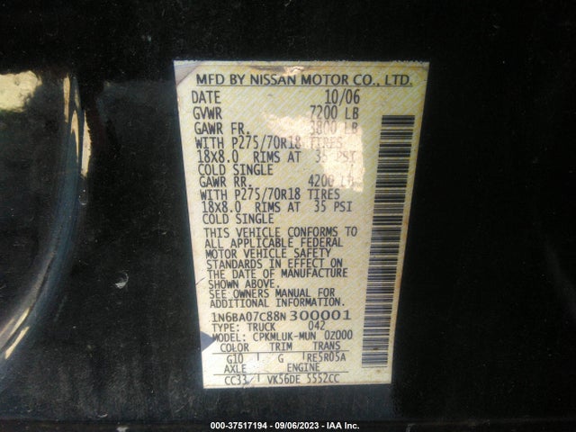 2008 NISSAN TITAN PRO-4X VIN: 1N6BA07C88N300001