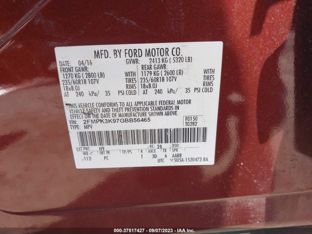 2016 FORD EDGE TITANIUM VIN: 2FMPK3K97GBB56465