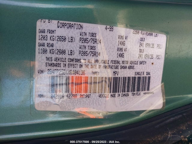 1999 DODGE CARAVAN BASE VIN: 2B4FP25B4XR404136