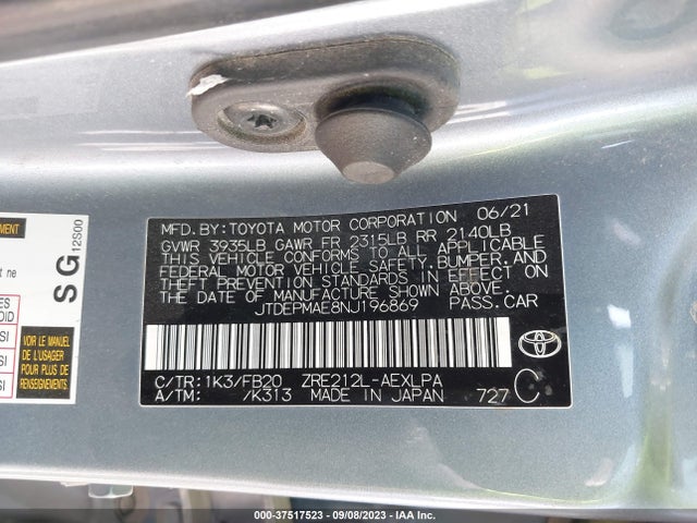 2022 TOYOTA COROLLA LE VIN: JTDEPMAE8NJ196869