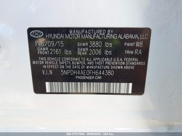 2015 HYUNDAI ELANTRA SE VIN: 5NPDH4AE0FH644380