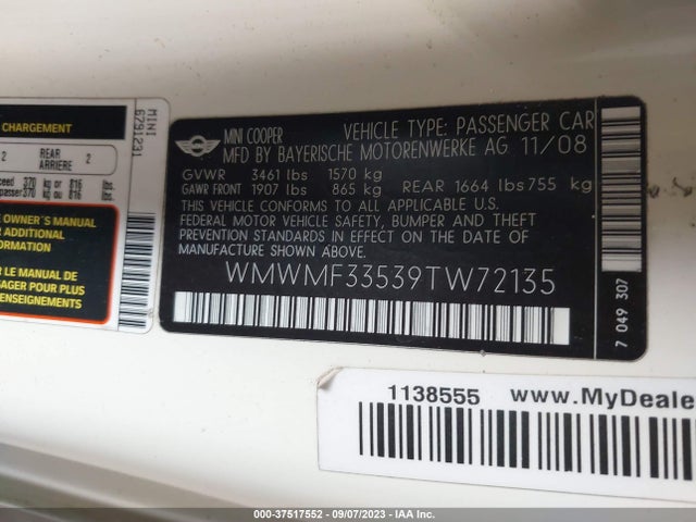2009 MINI COOPER HARDTOP WMWMF33539TW72135 Photo 8