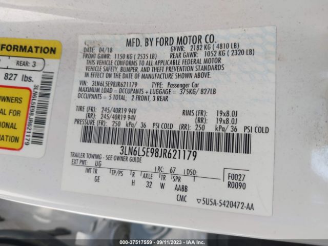 3LN6L5E98JR621179 Lincoln Mkz Reserve