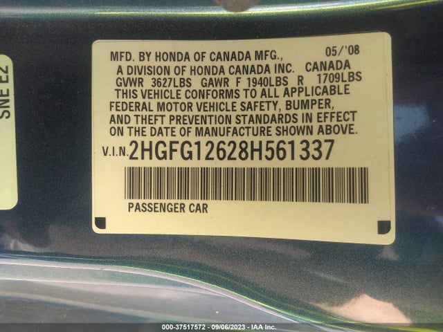 2008 HONDA CIVIC CPE LX VIN: 2HGFG12628H561337