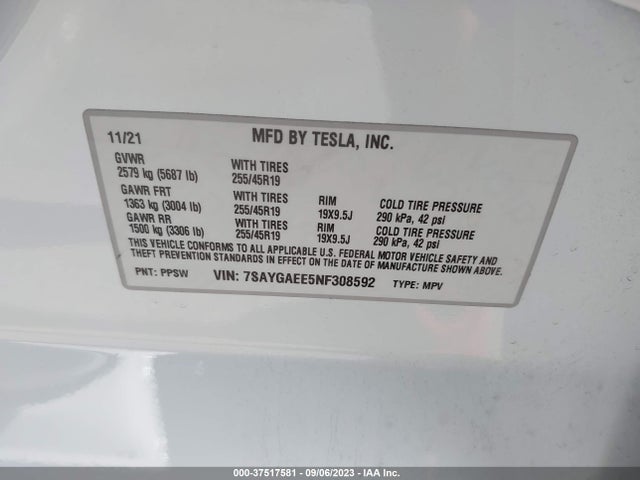 Tesla Model Y Long Range 2022 7SAYGAEE5NF308592 Image 9
