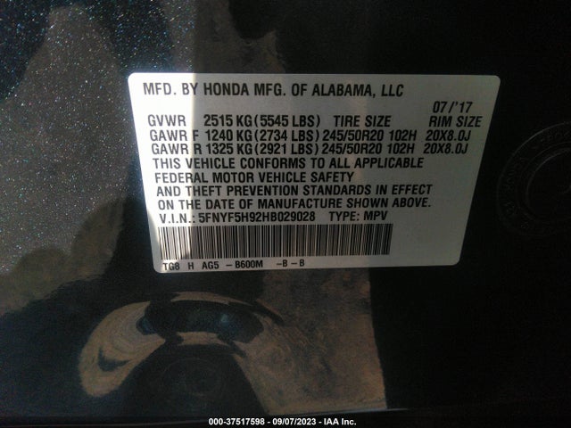 Honda Pilot Touring 2017 5FNYF5H92HB029028 Image 11