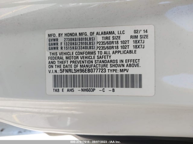 Honda Odyssey Touring 2014 5FNRL5H96EB077723 Image 9