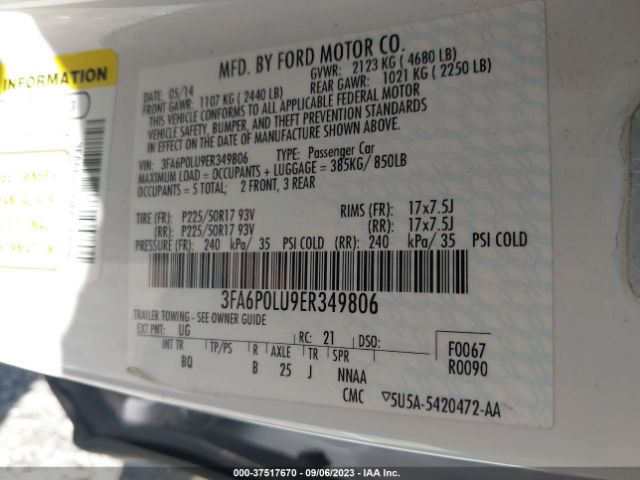 3FA6P0LU9ER349806 Ford Fusion Se Hybrid