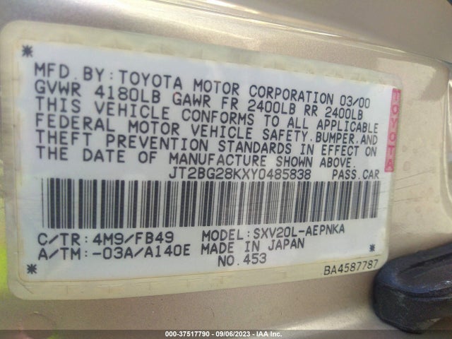 2000 TOYOTA CAMRY CE/LE/XLE VIN: JT2BG28KXY0485838