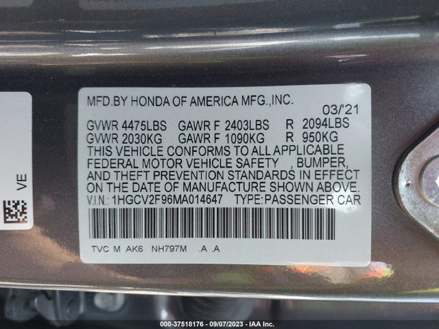 2021 HONDA ACCORD SEDAN TOURING VIN: 1HGCV2F96MA014647