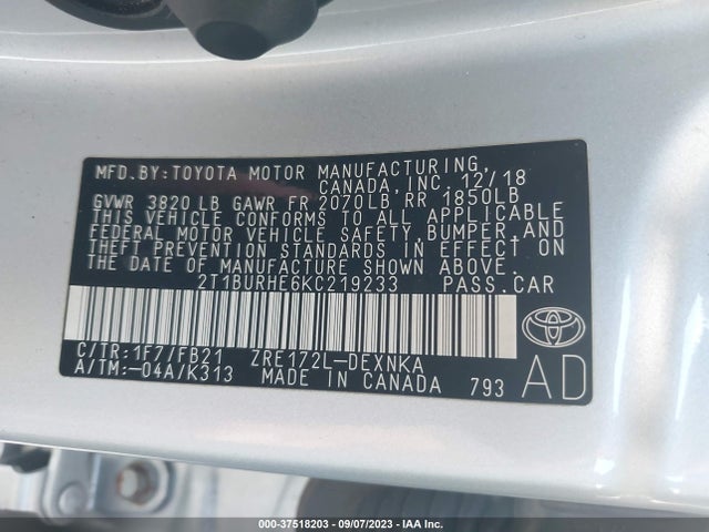 2019 TOYOTA COROLLA L/LE/SE/XLE/XSE VIN: 2T1BURHE6KC219233