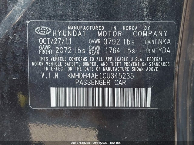 2012 HYUNDAI ELANTRA GLS PZEV VIN: KMHDH4AE1CU345235