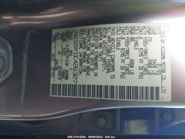 2003 NISSAN FRONTIER 4WD XE VIN: 1N6ED29Y33C426327