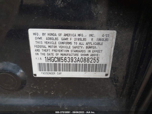 2003 HONDA ACCORD SDN LX VIN: 1HGCM56393A088255