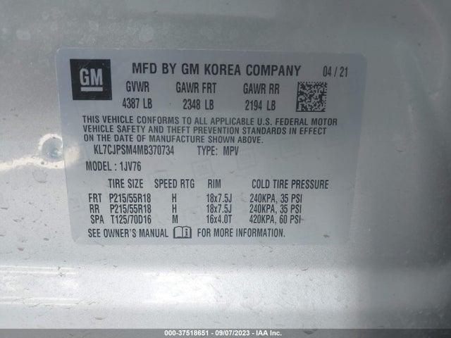 2021 CHEVROLET TRAX LT VIN: KL7CJPSM4MB370734