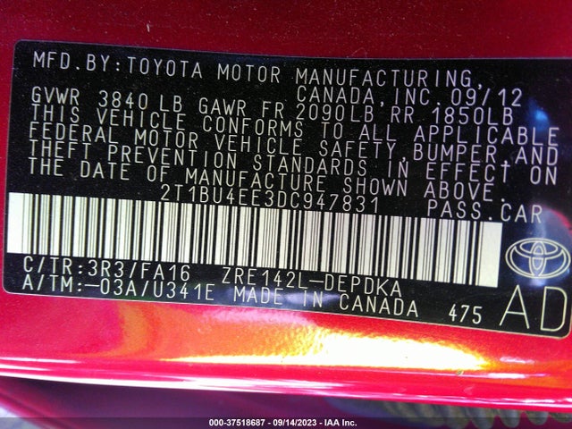 2013 TOYOTA COROLLA L/LE/S VIN: 2T1BU4EE3DC947831