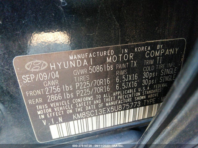 2005 HYUNDAI SANTA FE GLS/LX VIN: KM8SC13EX5U875773