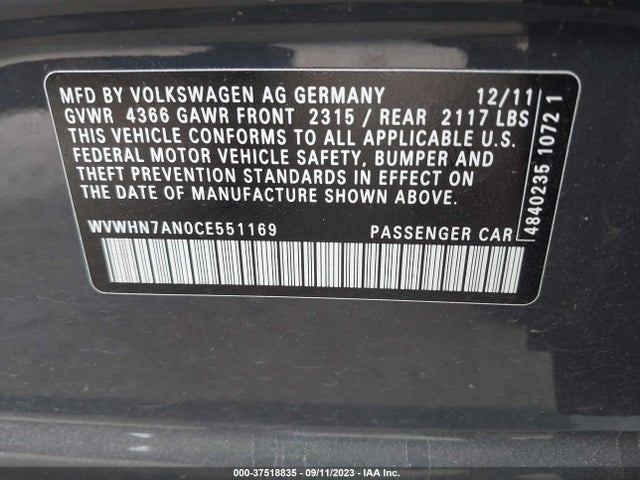 2012 VOLKSWAGEN CC LUX PLUS VIN: WVWHN7AN0CE551169